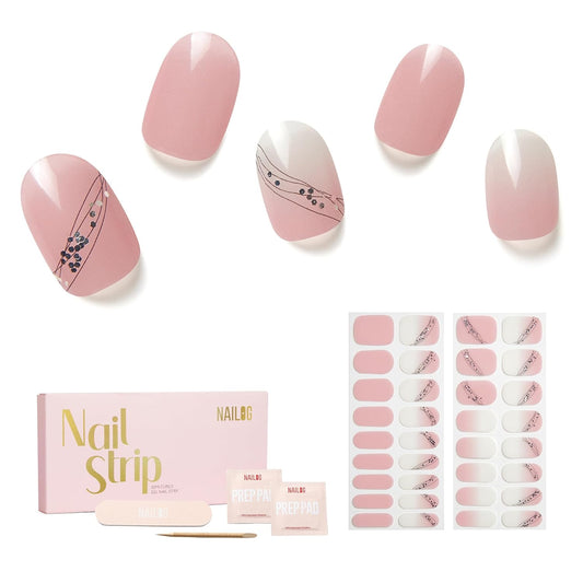 Semi Cured Gel Nail Strips - NAILOG 34 Pcs Gel Nail Stickers | Buy 2 Get 1 UV Light | Extra Long