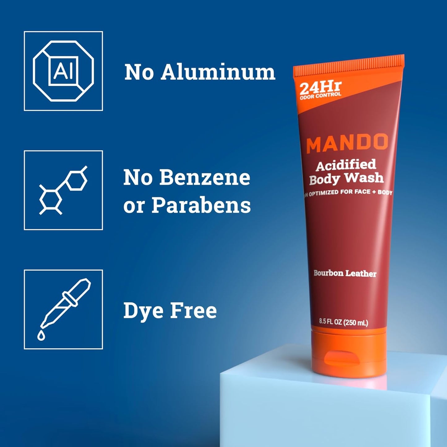 Mando Odor Shield Body Wash - 24 Hour Control - Removes Odor Better than Soap - SLS Free, Paraben Free, Skin Safe - 8.5 Ounce (Pack of 2) (Bourbon Leather)