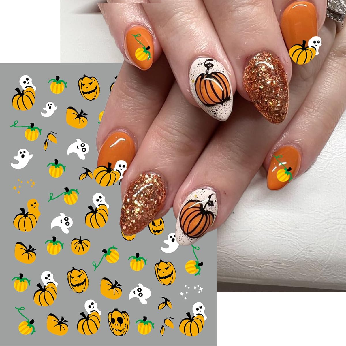 Halloween Nail Stickers Spider Web Nail Decals Pumpkin Nail Art Stickers Ghost Heart Star French Tips Design Self Adhesive Nails Sticker for Nails Art for Women DIY Holiday Manicure Supplies 8 Sheet