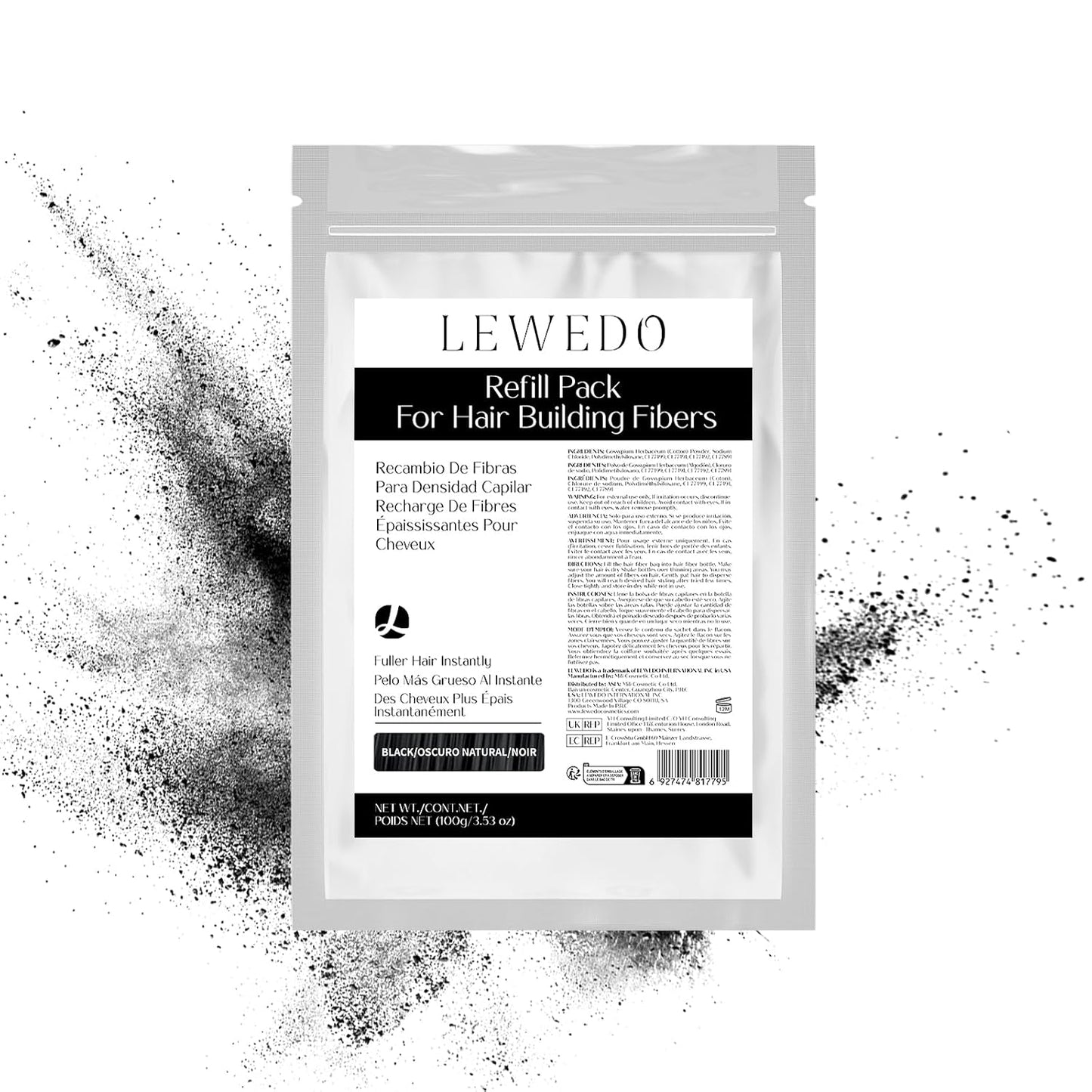 Hair Building Fibers Refill Pack - 100g Instant Thickening Fibers for Men & Women, Natural Cotton Powder, Wind/Rain Resistant, For All Hair Fiber Applicator Bottles (Black)