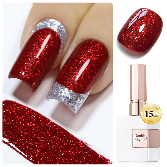 Double Rhythm 15ML Glitter Gel Polish Shimmer Reflective Holographic Color Magnetic for Nail Art Salon DIY at Home (Cherry Red-B1051)