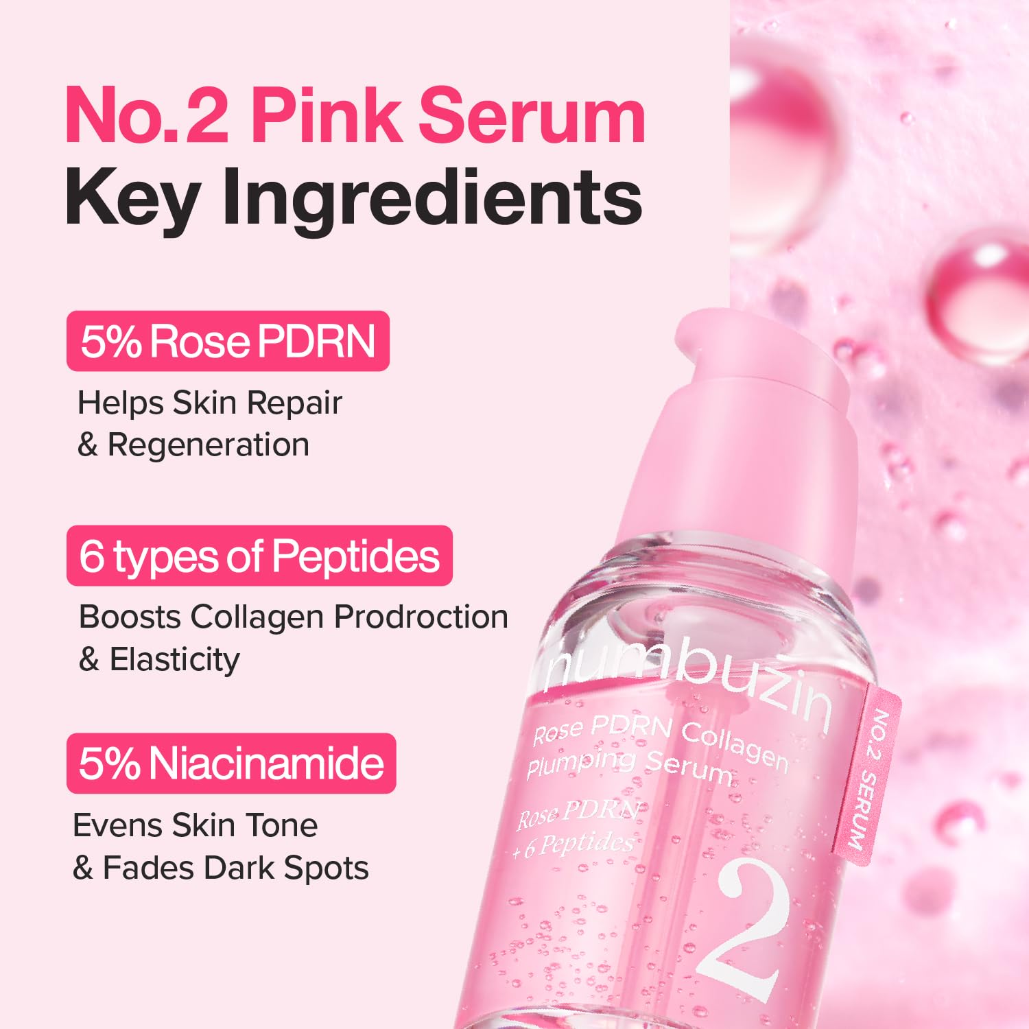 numbuzin No.2 Rose PDRN Collagen Plumping Serum, Hydrating & Firming Serum with Peptides, Plump