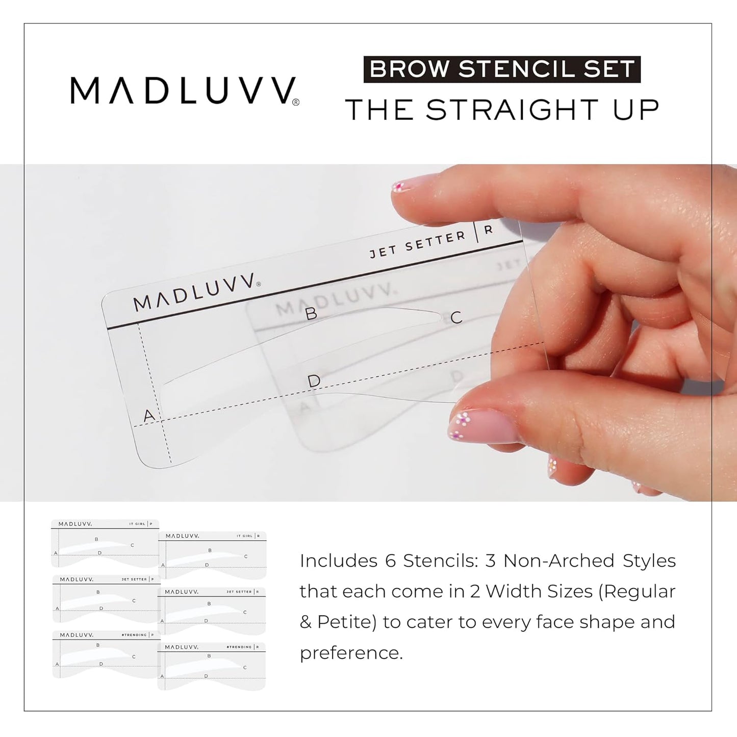 MADLUVV Eyebrow Shaper Stencils – 6 Reusable Stencils for Microblading, Brow Mapping & Shaping – Petite & Regular Sizes – for PMU & Semi-Permanent Makeup Artists - Straight Up Set