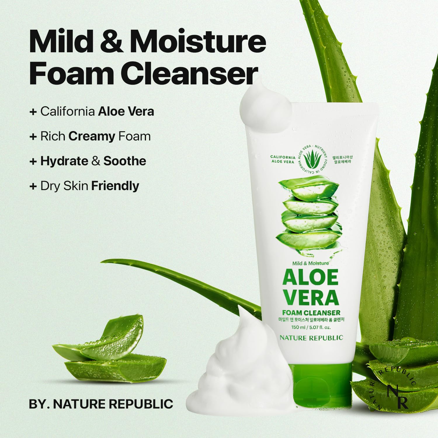 Nature Republic Mild & Moisture Aloe Vera Foam Cleanser | Hydrating Facial Cleanser, Gentle Makeup