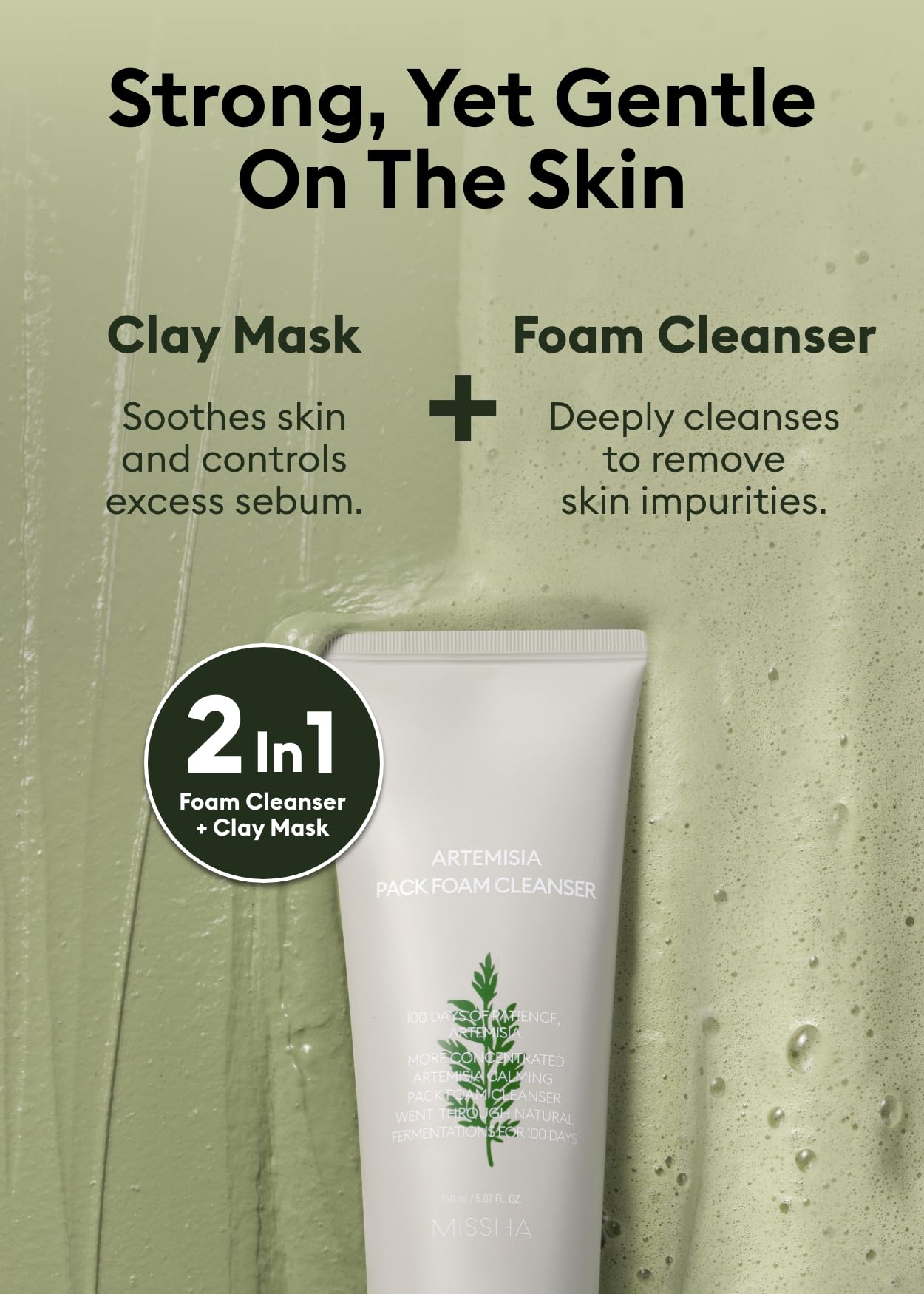 MISSHA Artemisia Pack Foam Cleanser 5.07 Fl oz/ 150ml, 2-in-1 Korean Facial Cleanser & Clay Mask