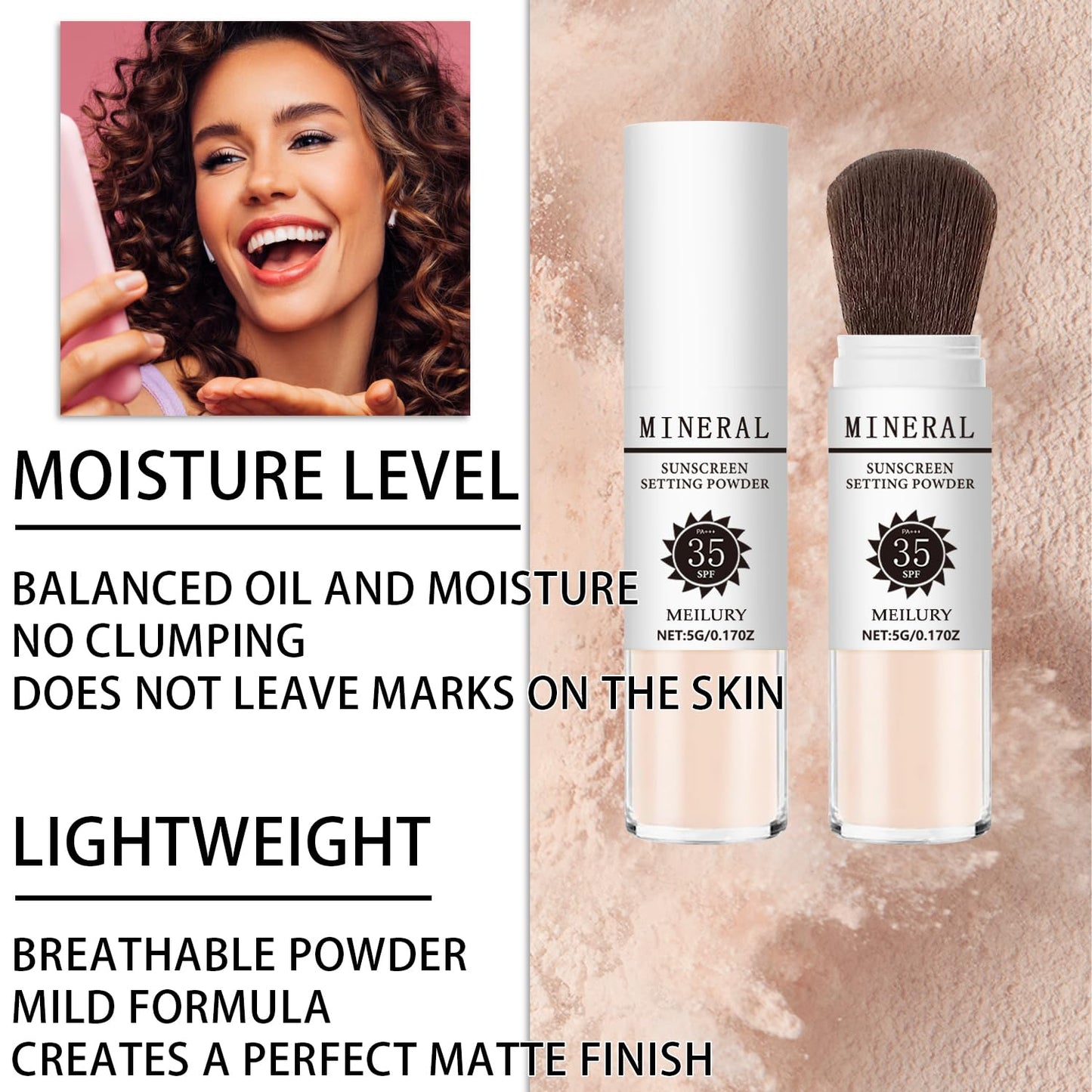 Sunscreen Setting Powder SPF 35, Mineral Brush Powder for Face & Scalp, Oil Control Natural Matte Finish Loose Powder Translucent Lasting Lightweight Breathable for All Skin (#01 Translucent)