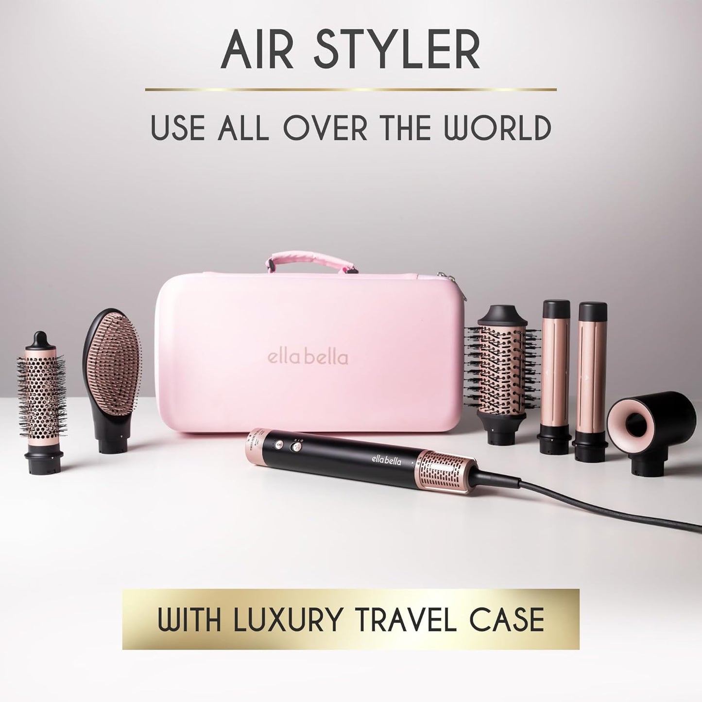 ELLA BELLA® 6 in 1 Professional Hot Air Styler Dual Voltage • Powerful Hair Dryer & Straightener Set • Styling Without Heat Damage • Fast Drying Curling Volumizing Straightening • with Travel Case