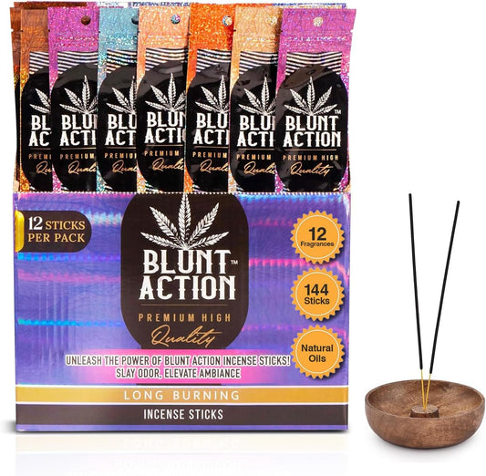 Tulasi Blunt Action Incense Sticks, 12 Packs, 144Pc, Long Lasting Fragrance, Natural Essential Oils Hand Rolled Incense Sticks for Aromatherapy, Relaxing, Yoga, Meditation, Prayer