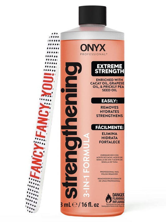 Onyx Professional 3-in-1 Strengthening Nail Polish Remover with 7 inch Nail File, 16 fl oz - Removes Nail Polish, Hydrates, Strengthens Nails | Infused with Grapeseed Oil, Cacay Oil, Cactus Seed Oil