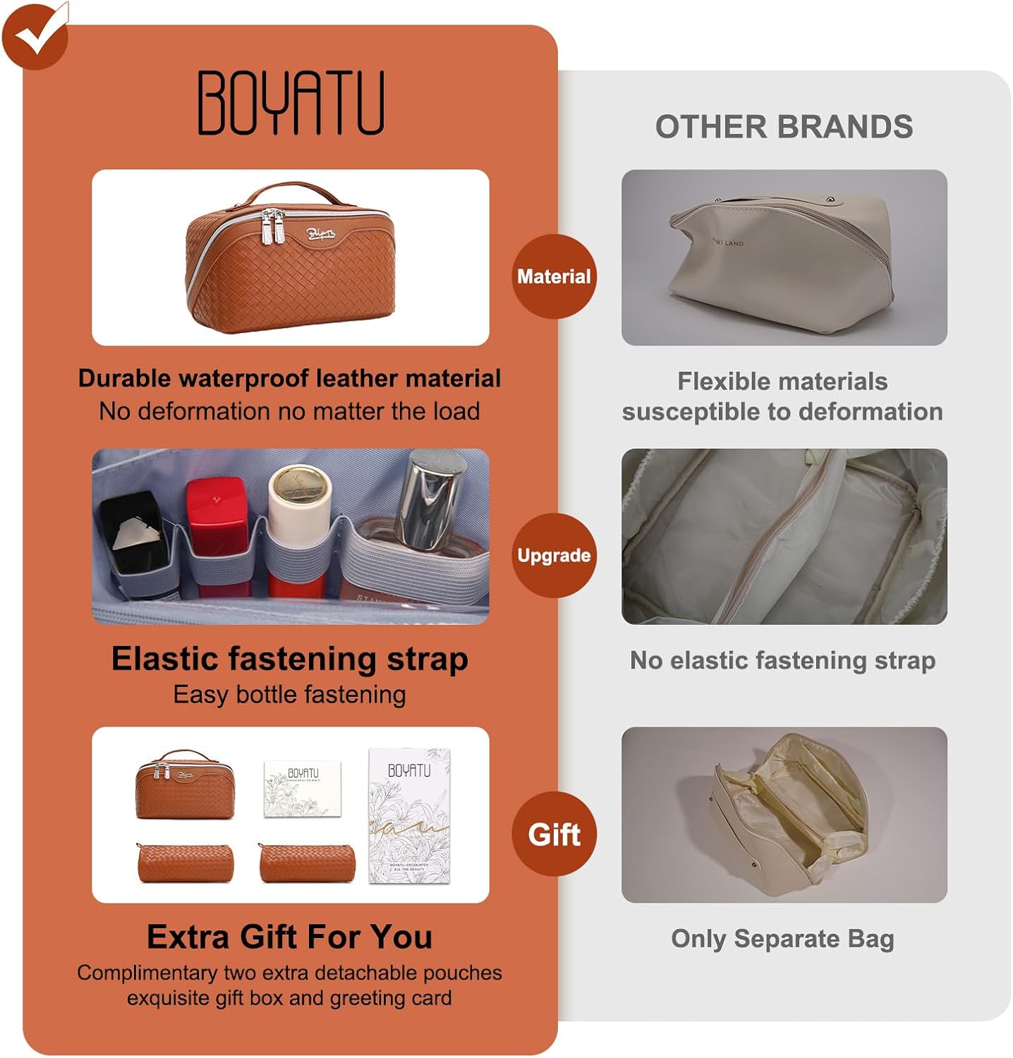 BOYATU Travel Makeup Bags for Women: 3 Pcs Large Make up Bags Set - Vegan Leather Cosmetic Bag for Traveling - Waterproof Toiletry Organizer Wide Open Portable Pouch (L08 Brown)