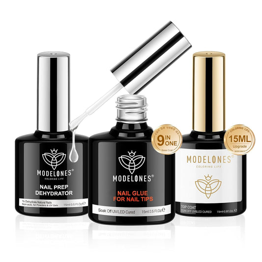 modelones Nail Glue Gel with Top Coat and Prep Dehydrator 3 PCS 15ml 9 in One Gel Glue Kit for Easy