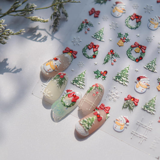 Christmas Nail Art Stickers 5D Embossed Xmas Nail Decals Christmas Tree with Snowman Design