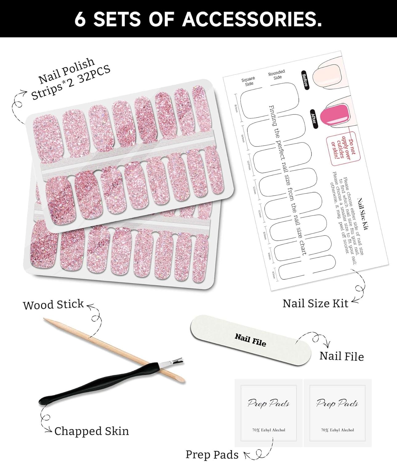 Glitter Nail Polish Strips, 32 Pcs Salon Quality Gel Nail Stickers, Long Lasting Wraps Easy to Use & Remove (Sparkling Pink)