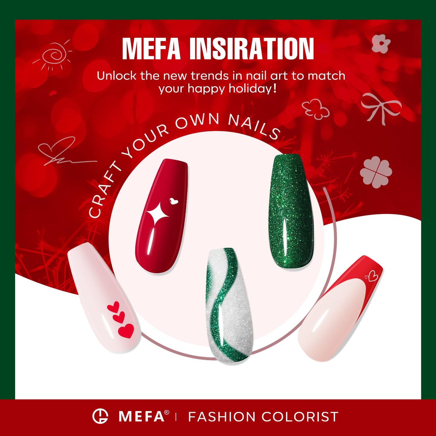MEFA Gel Nail Polish Set, 6 Colors Burgundy Red Dark Green Glitter Gel Polish Silver Gold Sparkle Nail Polish Manicure Soak Off Salon Gifts for Women Girl