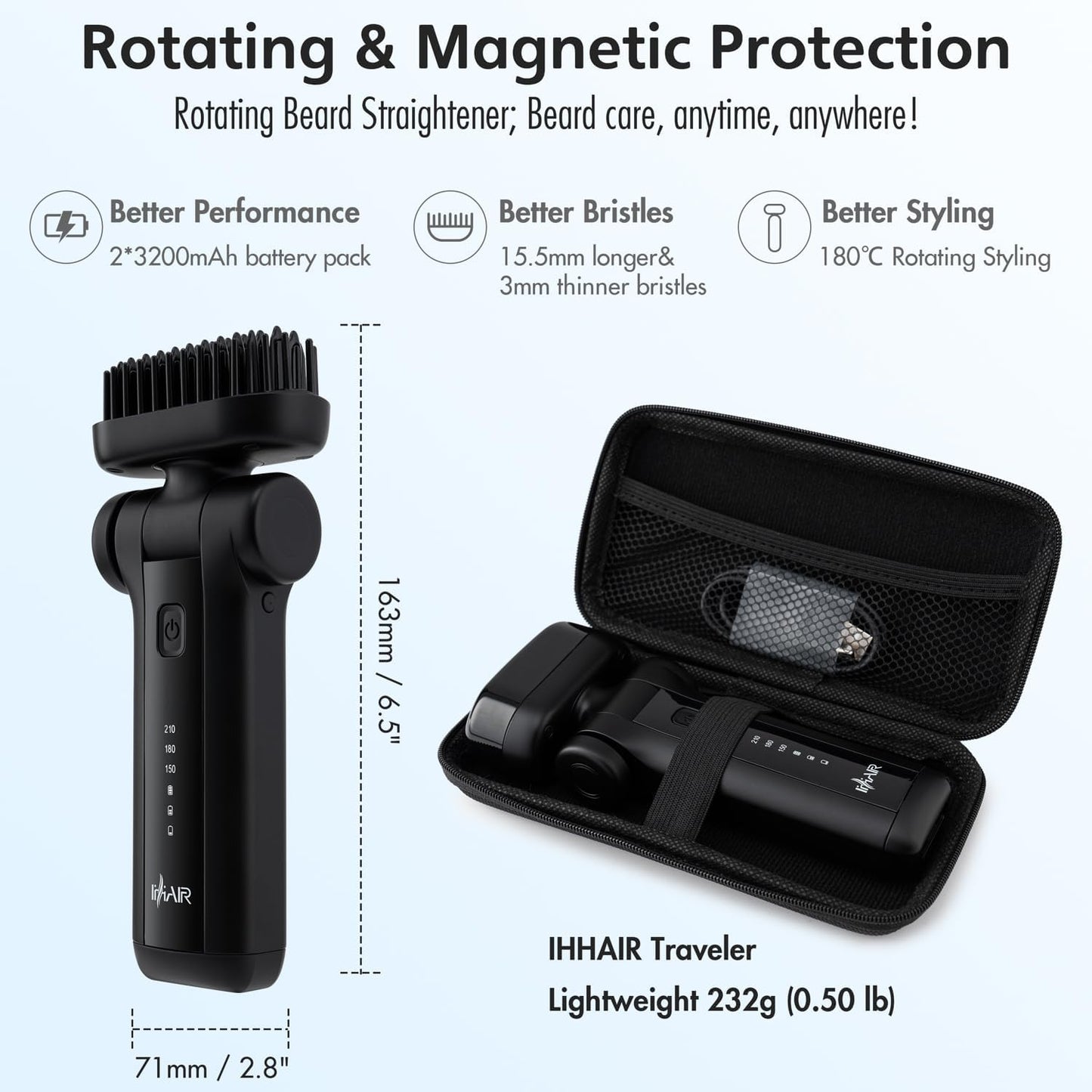 Portable Beard Straightener Brush Men Use,USB Rechargeable,6400mAh Battery,360° Anti-Scald Heated Comb,Fast Heating,Beard Straightener Brush for Short & Long Beards,Ideal for Home & Travel