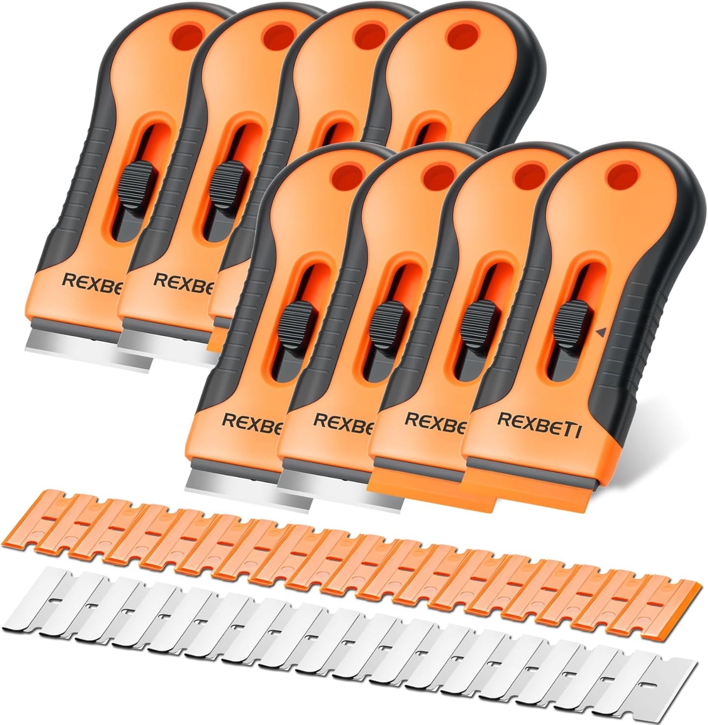 REXBETI Razor Blade Scraper Tool, 8 Pack Razor Scraper Set with Extra 240Pcs Razor Blades- 80Pcs Metal and 160Pcs Plastic Blades, Cleaning Scraper Tool, Cooktop Scraper, Paint Scraper, Glass Scraper