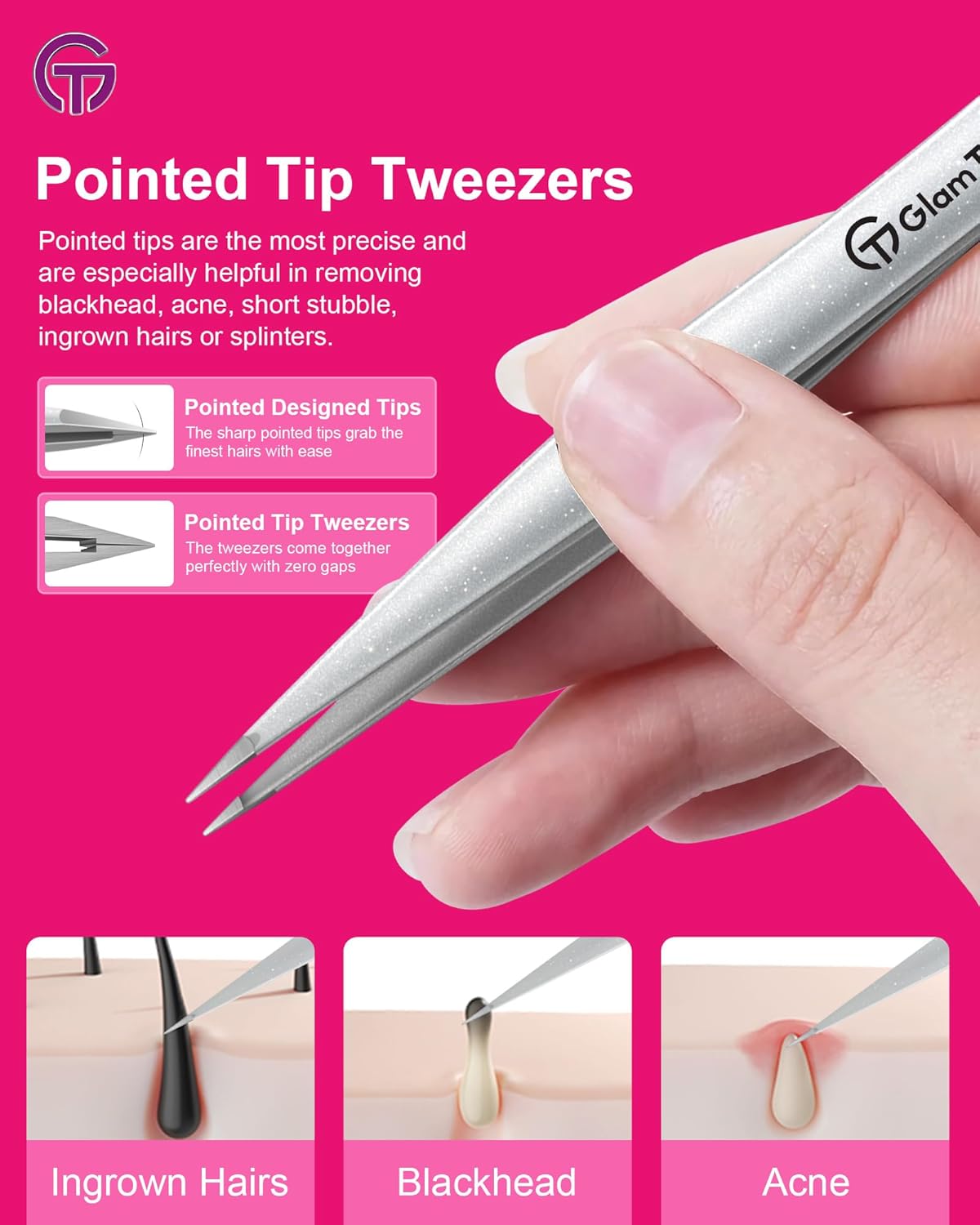Expert Slant and Point Tip Tweezer Set with Exclusive Storage & Carrying Case, GlamTweeler Sharp & Precision Tweezer Set for Eyebrows, Facial Hairs & Fine Hairs Removal (Sparkle Apple Green + Silver)