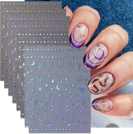 8Sheets Moon Star Nail Art Stickers 3D Self-Adhesive Metallic Sun Nail Decals Holographic Laser