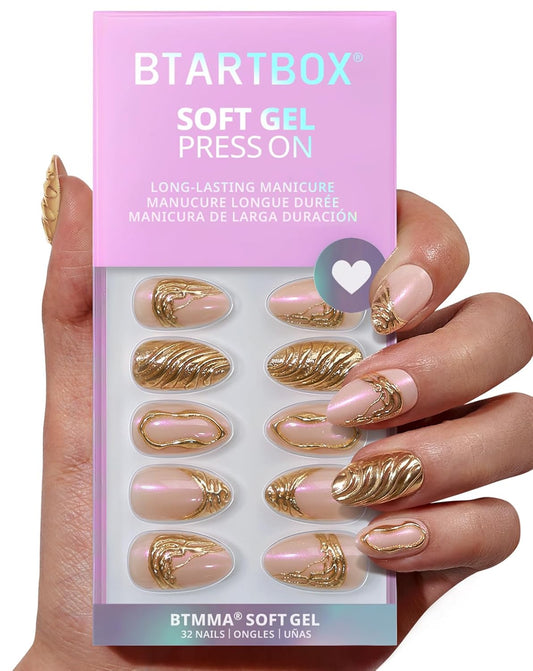 BTArtbox Press On Nails Short - 3D Gold Sculpting Almond Press On Nails with Glue for Women, Opaque Soft Gel Glue On Nails in 16 Sizes - 32 Stick On Nails Kit, Metalhead