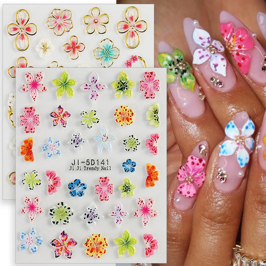 Flower Nail Stickers 5D Hibiscus Flower Stickers for Nails Lily Floral Nail Decals Self Adhesive