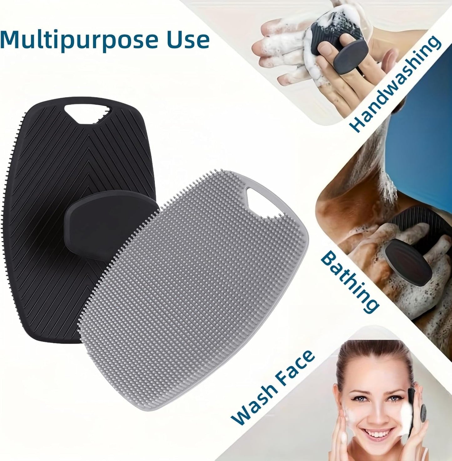 2 Pack Food-Grade Silicone Body Scrubber, Highly Elastic Bristles Handheld Brush for Shower, Lather Well and Gentle Exfoliating, Makes Skin Smooth, for Women and Men, Black and Gray