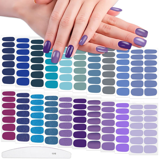 WOKOTO 20 Sheets Blue Gel Nail Wraps for Women - Blue Series Glitter Solid Nail Polish Stickers