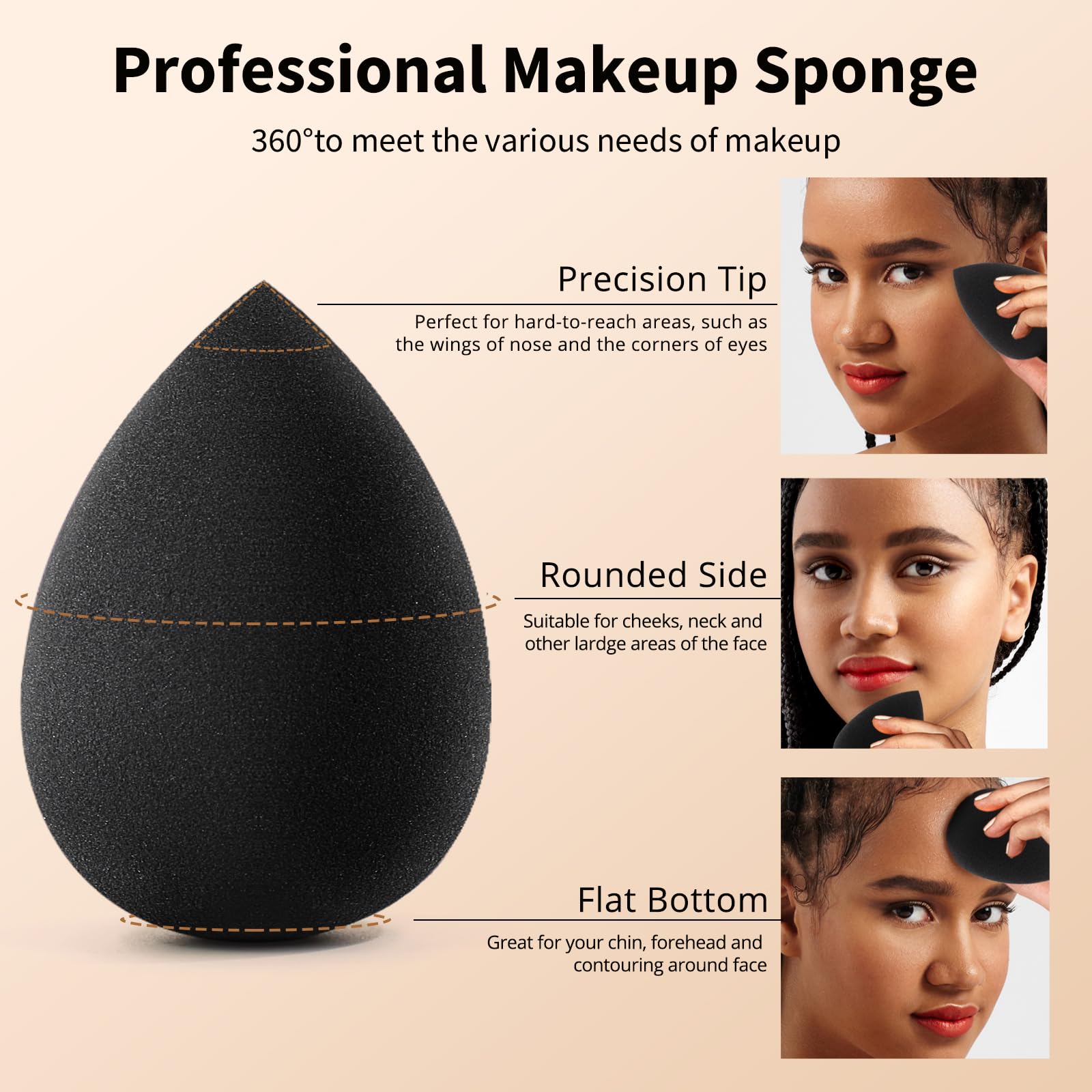 BEAKEY Makeup Sponge Set, 5 Pcs Latex-Free Foundation Beauty Sponges, Black