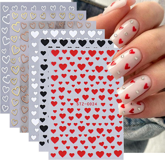 6PCS Valentine's Day Heart Nail Stickers - Love Art Supplies, 3D Self-Adhesive Decals, Black Red