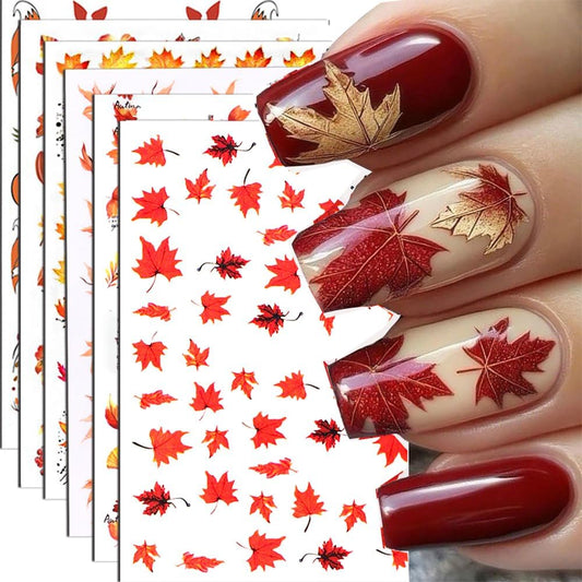 6Pcs Fall Nail Stickers Maple Leaves Nail Decals DIY Self Adhesive Thanksgiving Nail Design Autumn