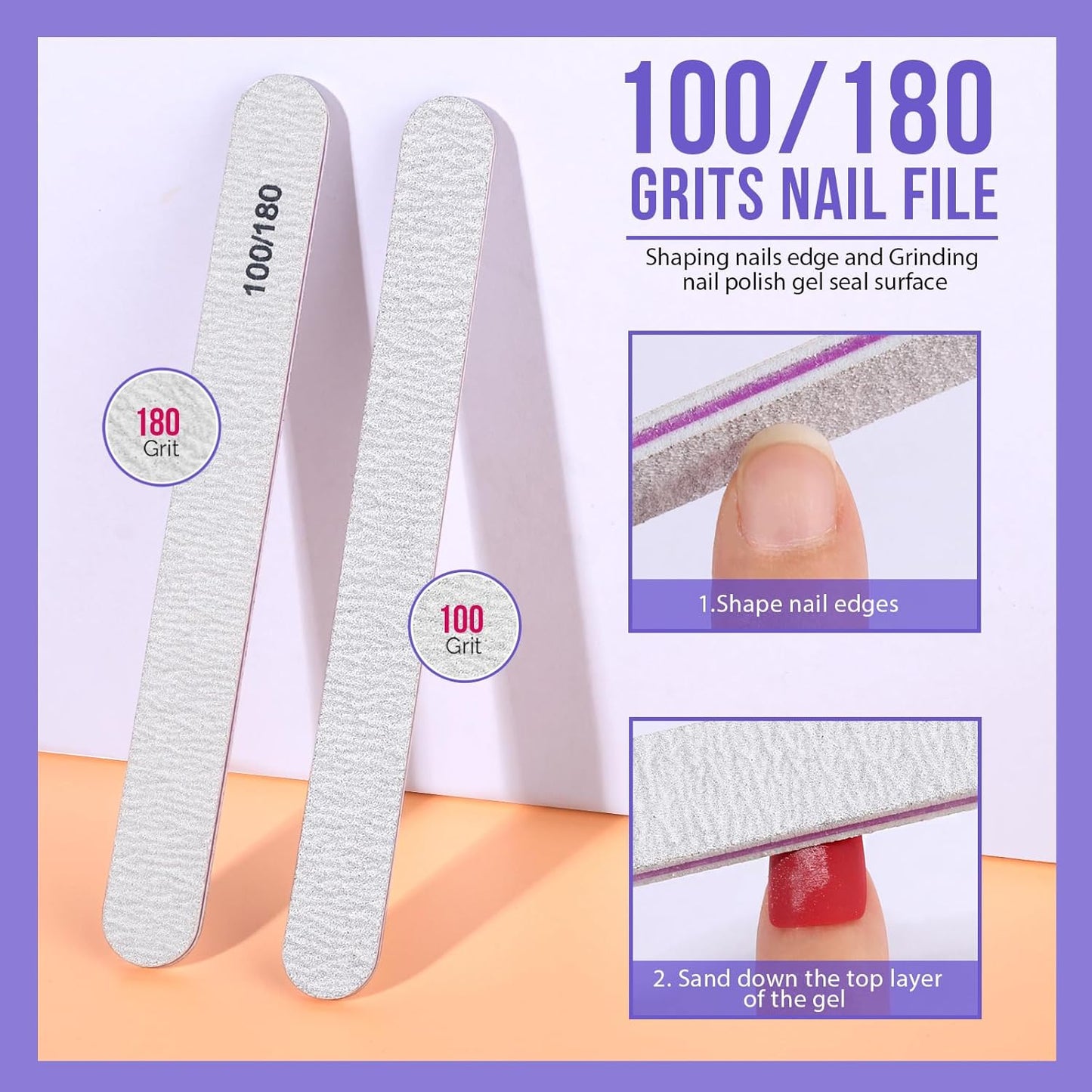 Teenitor Nail Polish Gel Remover Tools Kit with Nail Clips Nail Remover Pads Cuticle Pusher Nail Brushes Nail File Grits 120/180 Buffer Block Grits 400/4000, 6 Pack Purple