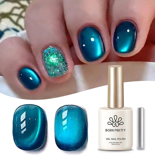 Born Pretty Cat Magnetic Gel Nail Polish, Sea Blue Crystal Cat, Holographic Magnetic Nail Art