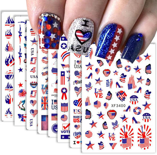 8Sheets 4th of July Nail Art Stickers Decals Red Blue White American Flag 3D Self-Adhesive Nail