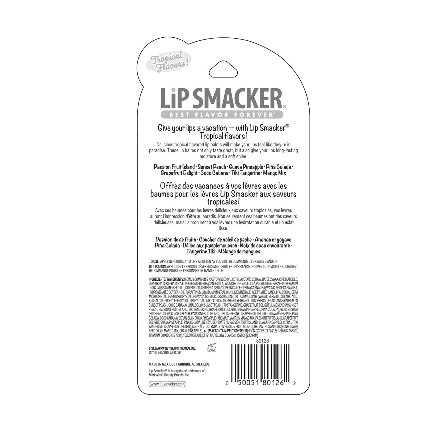 Lip Smacker Flavored Lip Balm Tropic Fever 8 Count (Pack of 1), Passion Fruit, Peach, Breezey-Teazey, Pina Colada, Grapefruit, Coca Cabana, Tangerine, Mango, Clear
