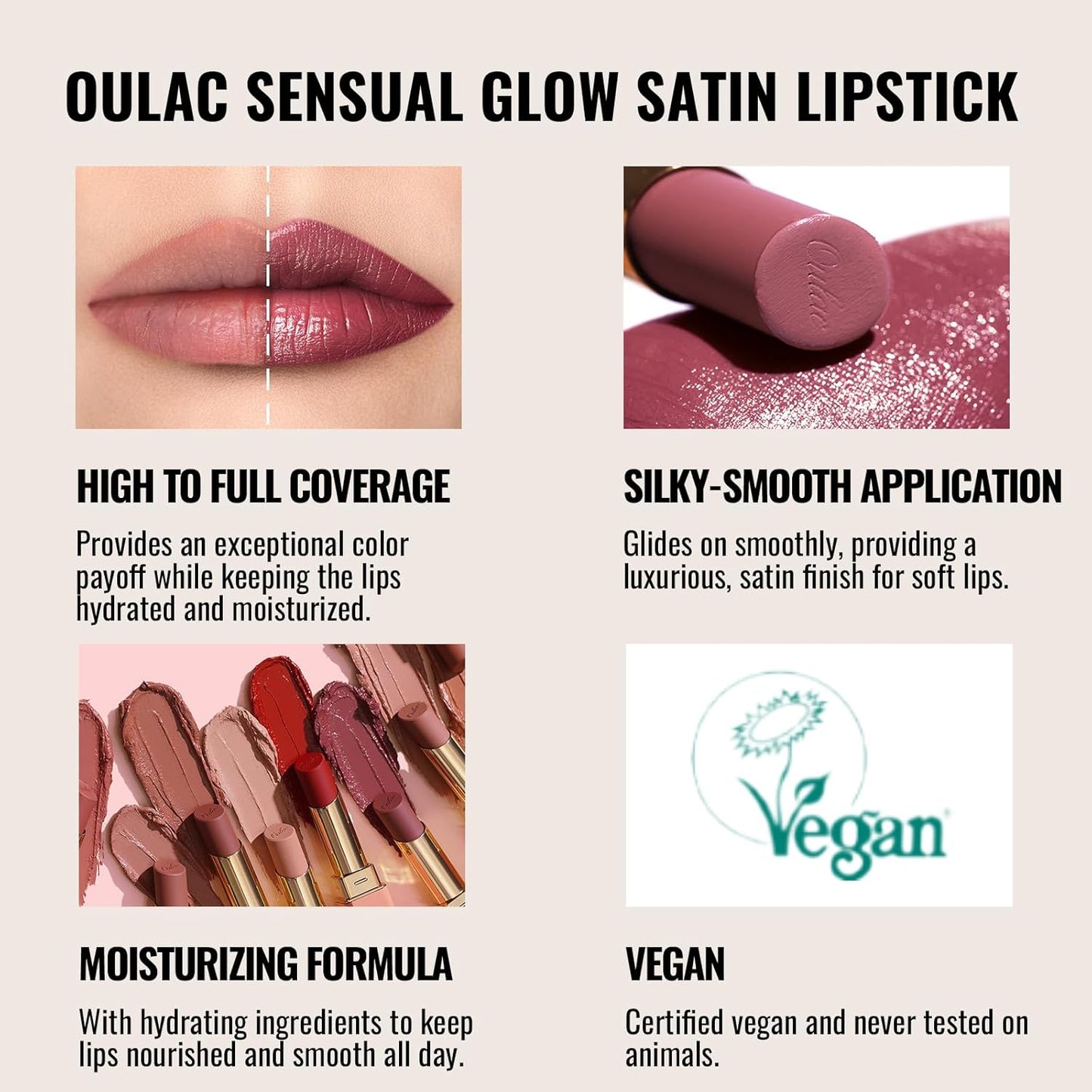 Oulac Nude Lipsticks for Women, Pink Matte Lip Stick, Full Coverage Lip Color, Satin Matte Finish, Cream Texture, Hydrating, Infused with Hyaluronic Acid, Vegan & Clean Beauty 4g SG03 Be Seductive
