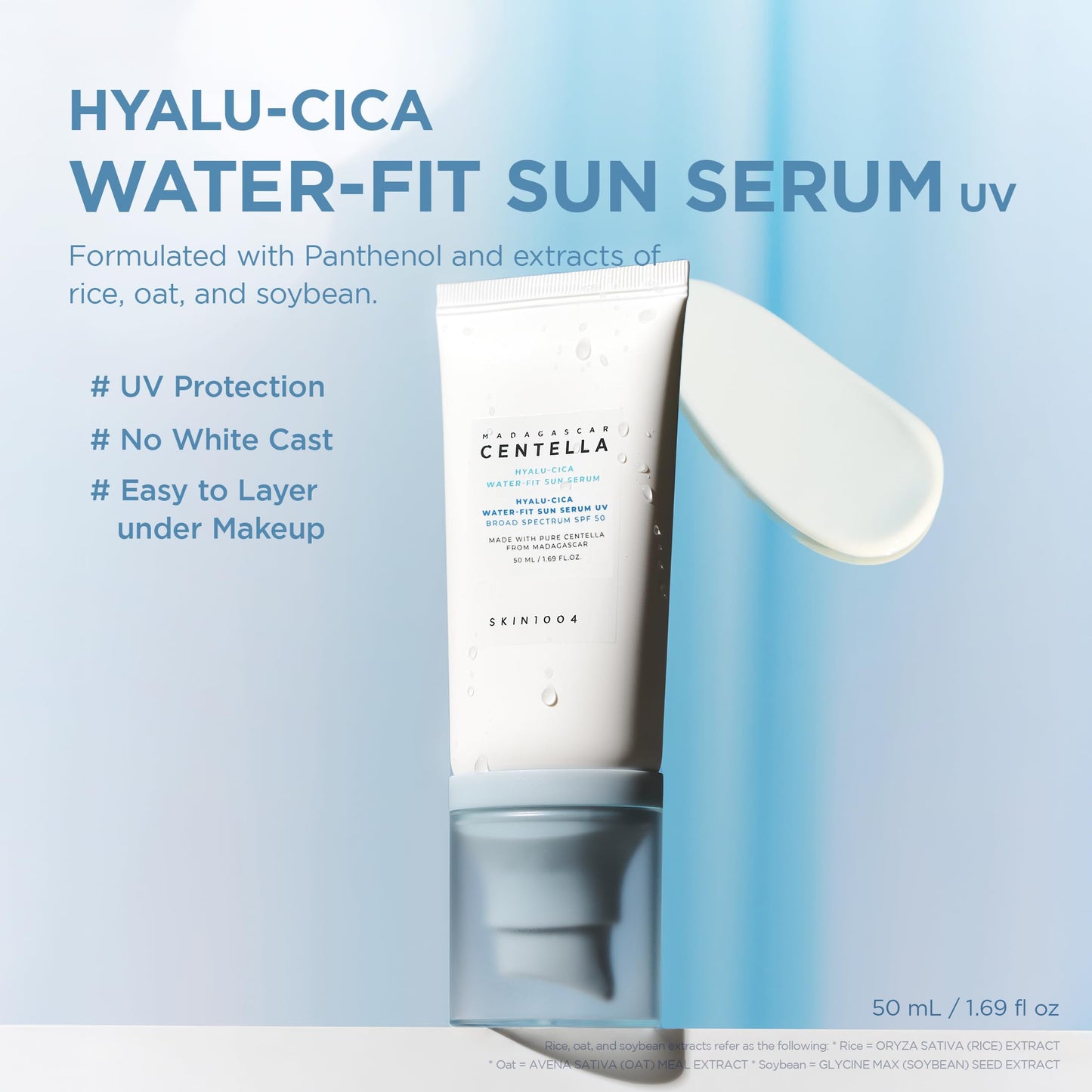 SKIN1004 Centella Hyalu-Cica Water-Fit Sun Serum UV, Korean Sunscreen SPF 50, Centella Sunscreen