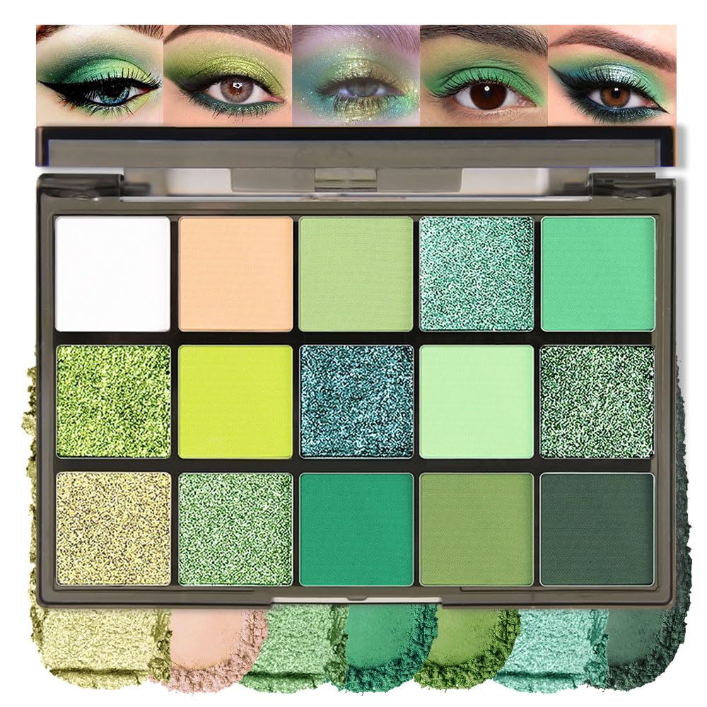 15 Colors Green Matte & Shimmer Eyeshadow Palette - Olive Teal GreenYellow DarkSeaGreen LimeGreen Pink White Eye Shadow Primers Powder for Smoky Looks, Makeup Artist Friendly, Vegan & Cruelty-Free