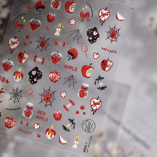 5D Halloween Nail Stickers Red Apple Theme Nail Decals Self-Adhesive Spider Web Gift Candy Browknot