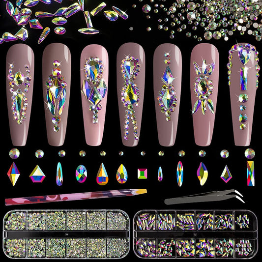 Multi Shapes 3D Glass AB Crystal Nail Art Rhinestones Kit with Flatback Round Bead Charm Gem Stone