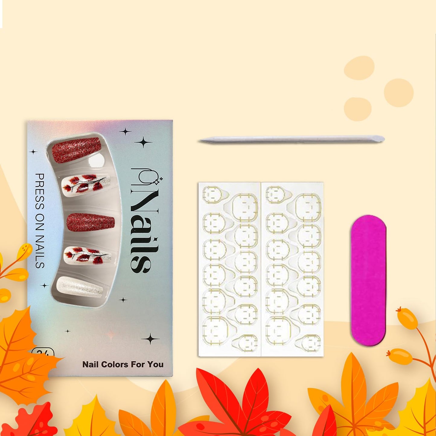 Glitter Thanksgiving Press on Nails Fall Maple Leaf Fake Nails Autumn Long Coffin Nail Glossy Maple Leaves Acrylic Glue on Nail for Women DIY Manicure