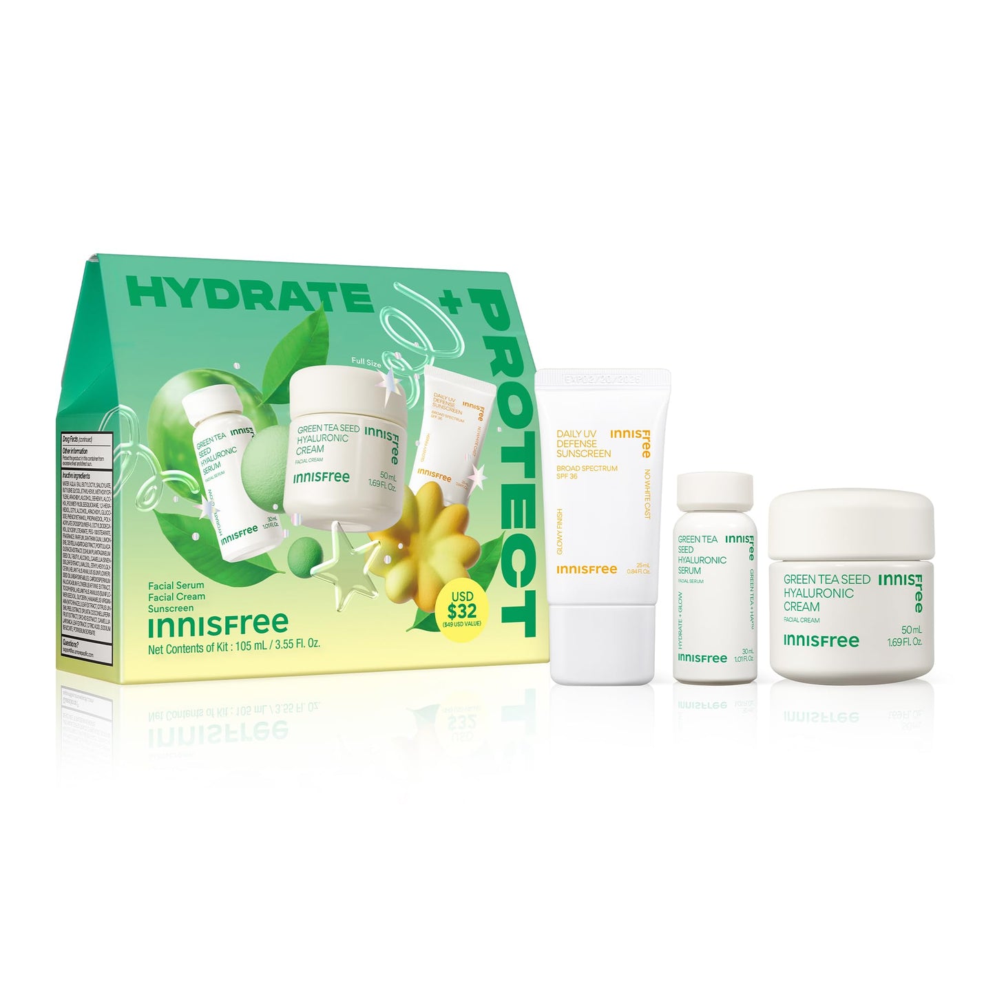 Innisfree Hydrate + Protect Set | Korean Skincare Set with Hydrating Green Tea Serum, Moisturizing