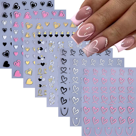 8 Sheets Valentine's Day Nail Stickers for Nail Art 3D Self Adhesive Heart Nail Art Stickers Black