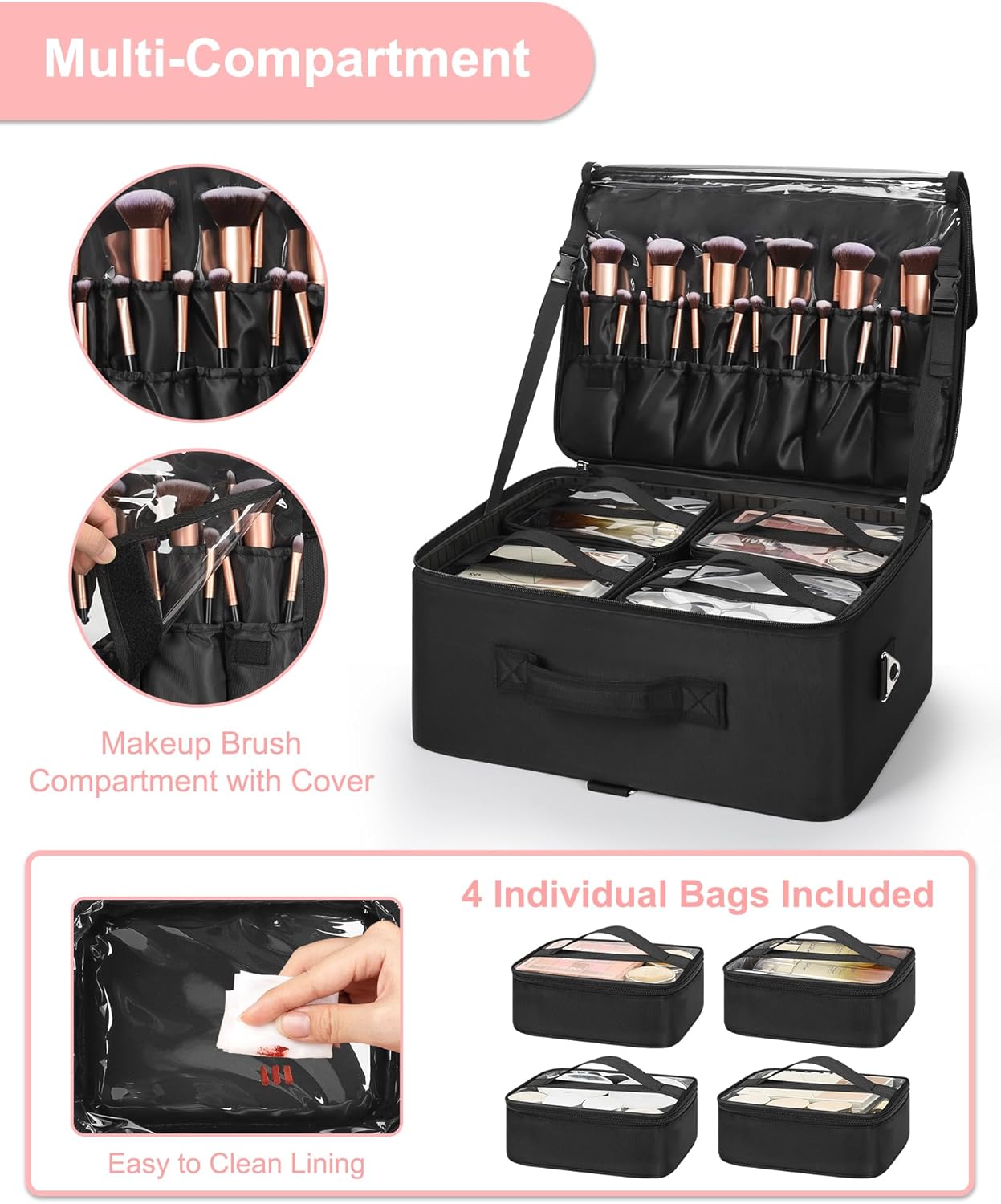 Relavel Extra Large Makeup Case Professional Cosmetic Storage Organizer Box Brush Holder with 4 Clear Set Bags & Lipstick Plate & Clear Makeup Brush Case for Makeup Artists Black