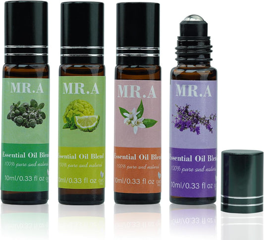 4 Pack Essential Roll On Blend Oils Set, 100% Natural Fragrance Oil, Aromatherapy Roll On Blend Oil with Pure Lavender, Petitgrain, Bergamot, Marjoram Oil, Gift for Women Men 0.33 fl.oz