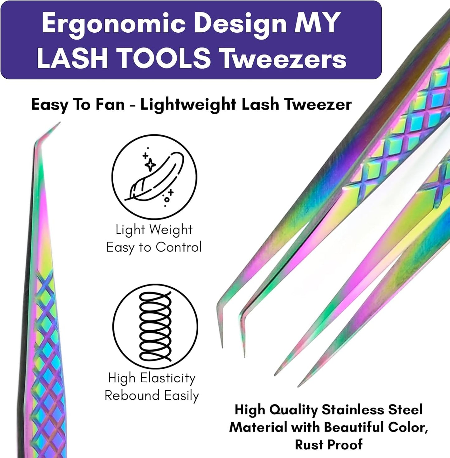 2pcs Curved & Straight Isolation Tweezers for Eyelash Extensions – 14cm Japanese Stainless Steel, Diamond Grip Non Slip Grip, Rainbow Set, Best for Classic & Individual Lashes