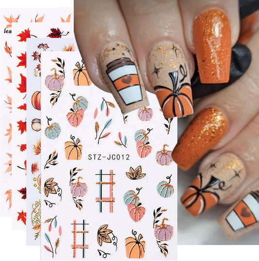 Maple Leave Nail Art Sticker Decals, Fall Pumpkin Maple Leaves Nail Stickers 6PCS Autumn Nail
