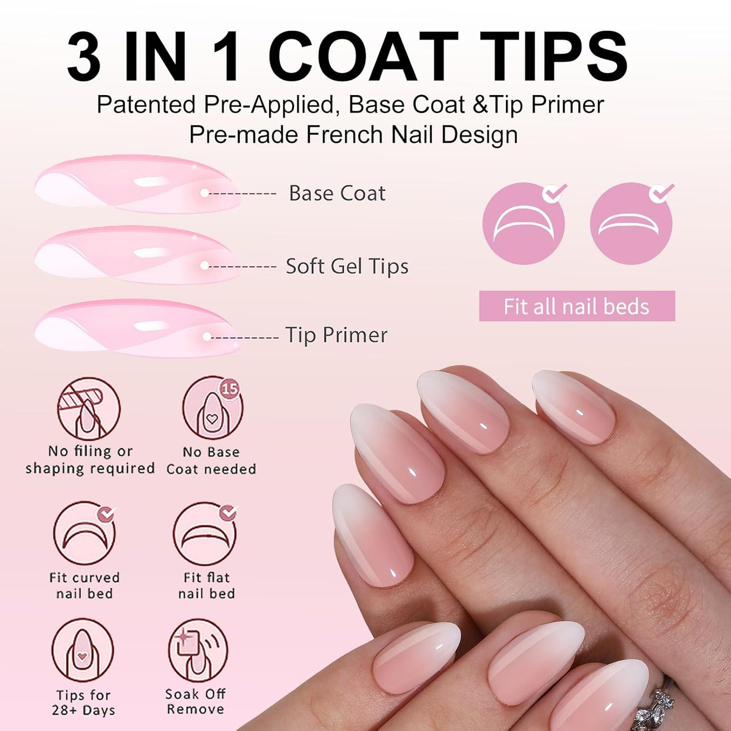 Ombre Press On Nails - 240Pcs Short Almond Press on Nails, White Nail Tips Pink White Gradient Soft Gel False Nail Tips Salon Perfect Fake Nails Kit Extensions DIY (Short Almond)