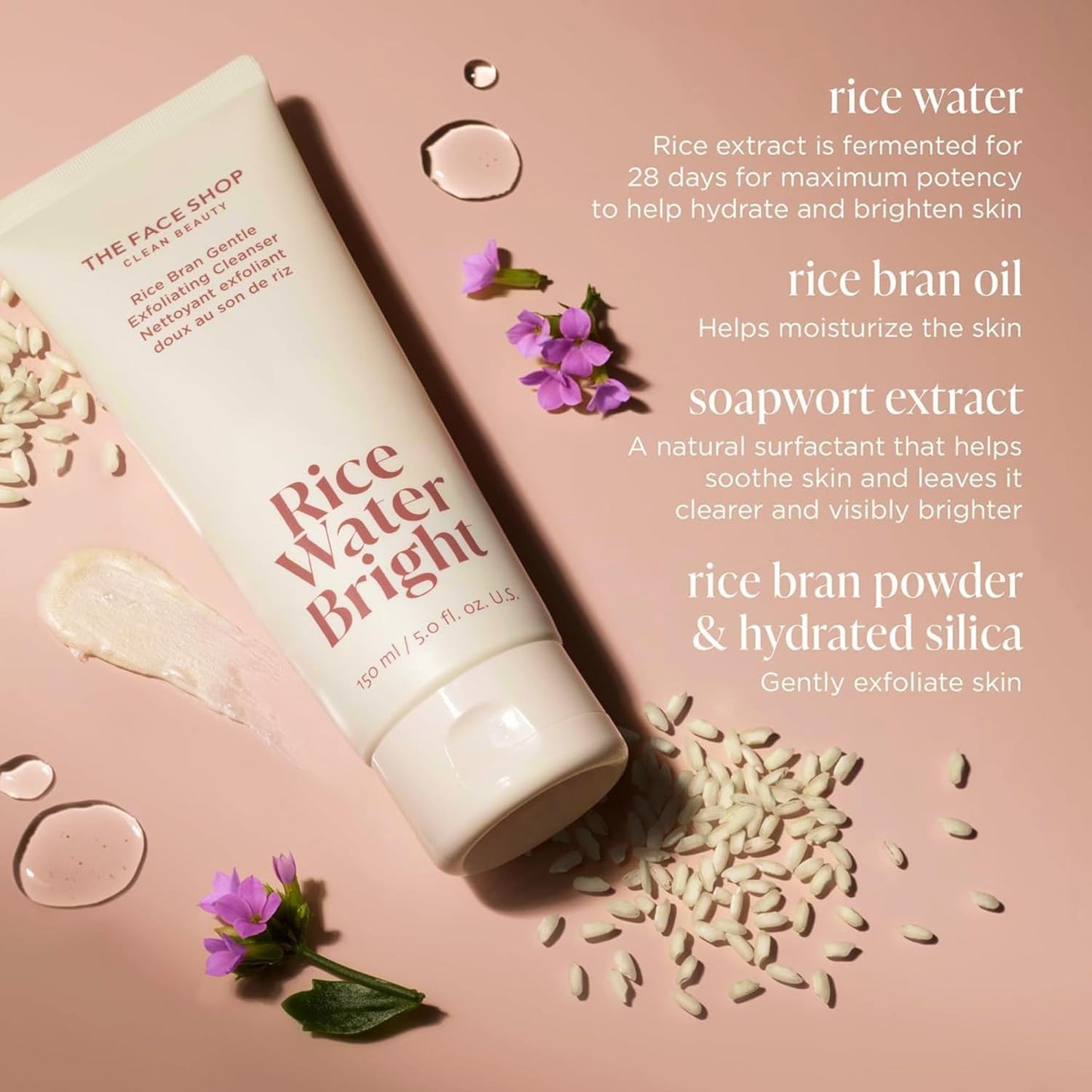 The Face Shop Rice Water Bright Rice Bran Gentle Exfoliating Cleanser - Hydrating, Moisturizing &