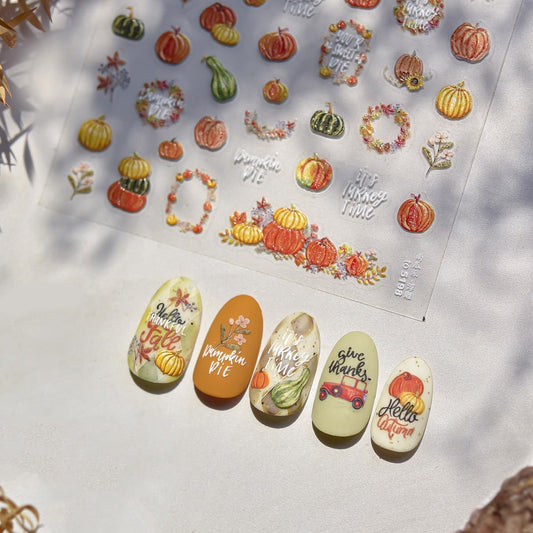 Pumpkin Nail Stickers for Art Fall Nails Stickers 5D Embossed Self-Adhesive Thanksgiving Day Autumn