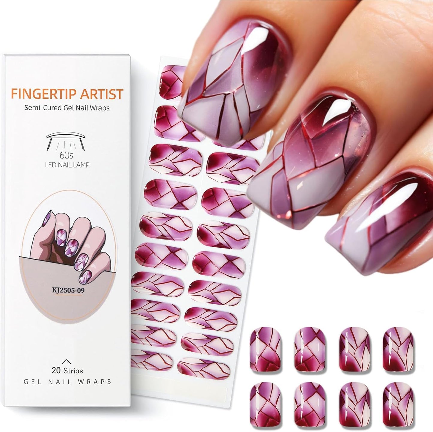 Semi Cured Gel Nail Strips with Red Broken Glass Pattern Designs Gel Nail Strips Glossy Stickers Salon Quality & Easy to Use for Women 20 Pcs