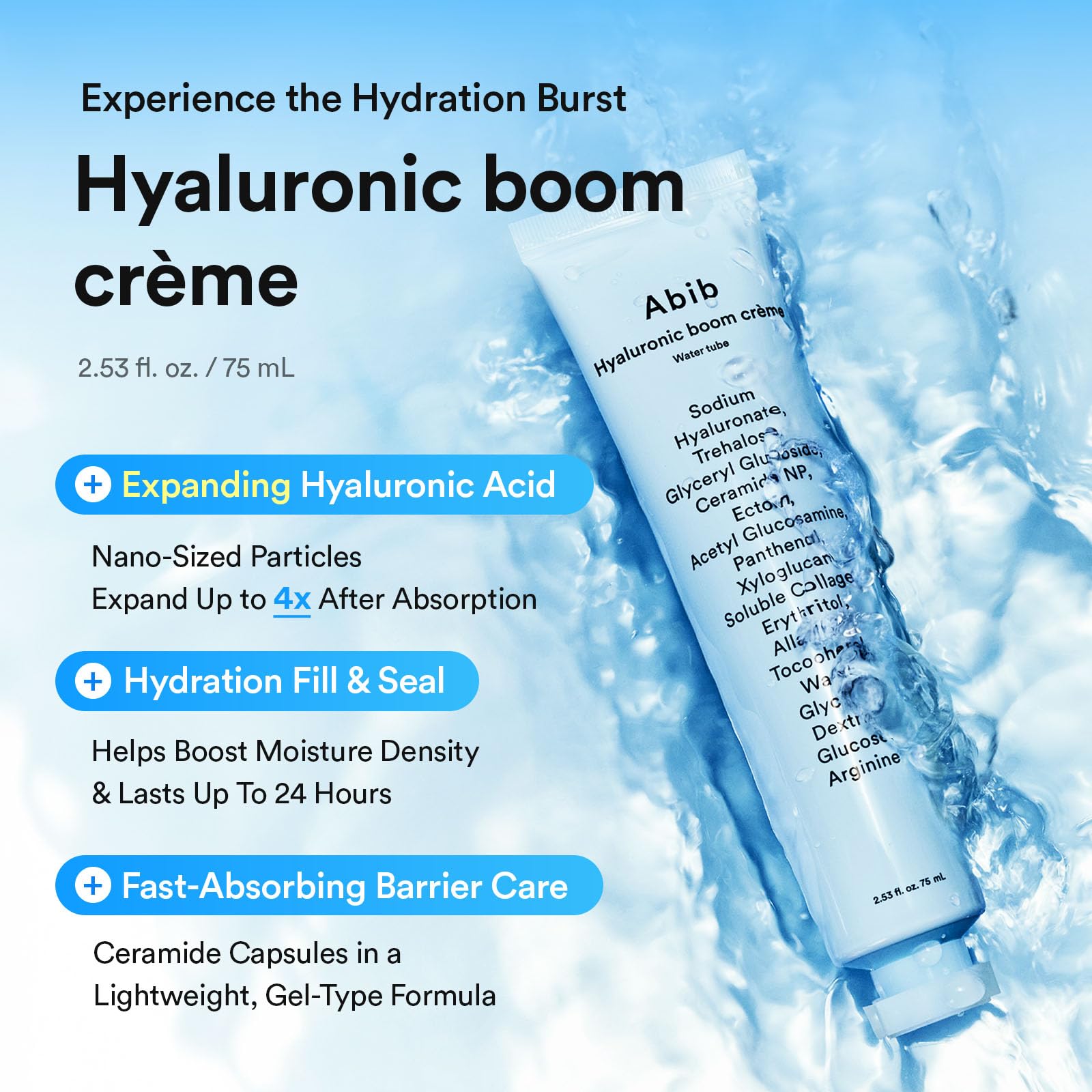 Abib Hyaluronic Boom Crème Water Tube, Expanding Nano-Sized Hyaluronic Acid Particles 4x, Deep